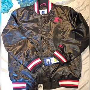 Starter Mens Medium Locker Room Full-Snap Satin Bomber Jacket Black/Red 019MN004